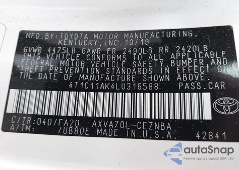 2020 Toyota Camry Le from USA, damaged, VIN 4T1C11AK4LU316588